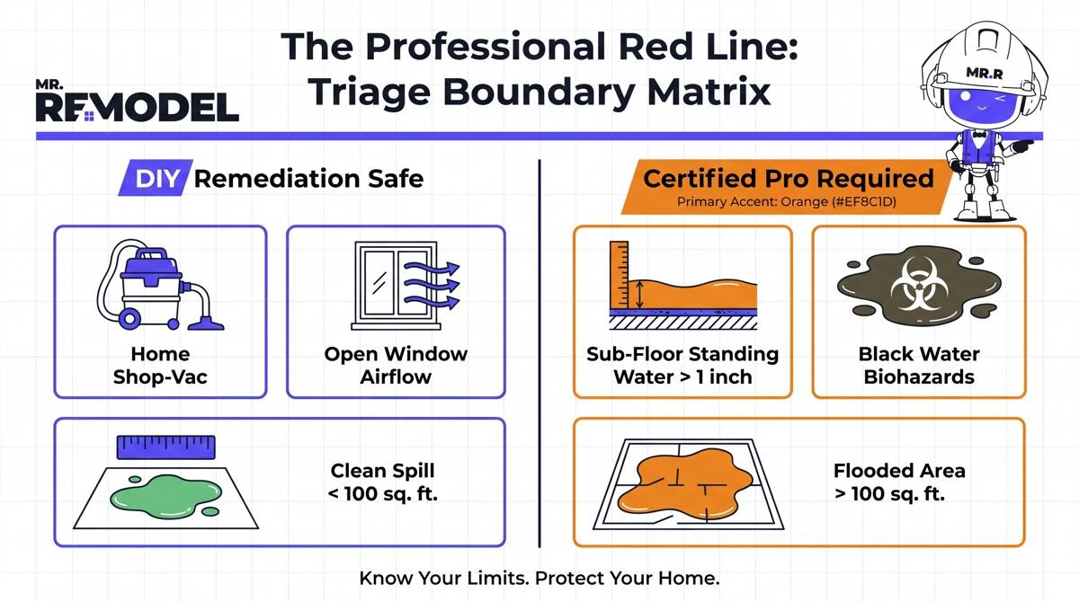 A striking horizontal project-velocity map illustrating how rapidly mold colonization establishes a permanent structural footprint. It maps out the first 60 minutes (Source Elimination & Power Shut-Off), transitions to the 24-hour mark (Initial Spore Germination), and culminates at the 48-Hour Professional Red Line, where airborne contamination spikes dramatically without heavy-duty dehumidification.